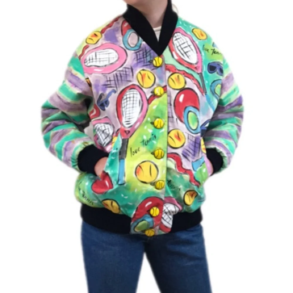 VINTAGE Hand Painted Bomber Jacket Tennis Wearable Art Artsy 80s 90s Size Small - Picture 3 of 15
